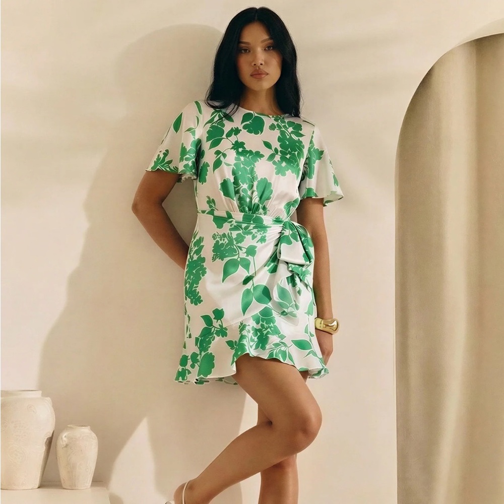 New York & Company Floral Printed Wrap Satin Mini Dress